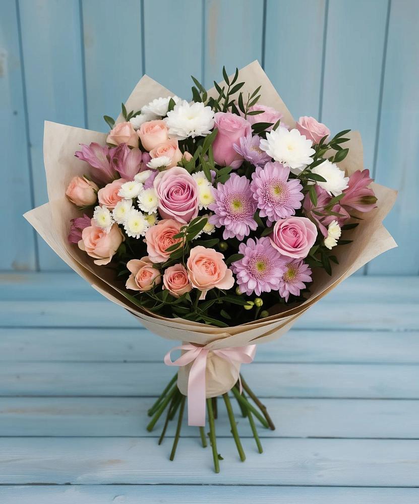 Букет цветов из: Хризантемы, Розы и Альстромерии в Троицке