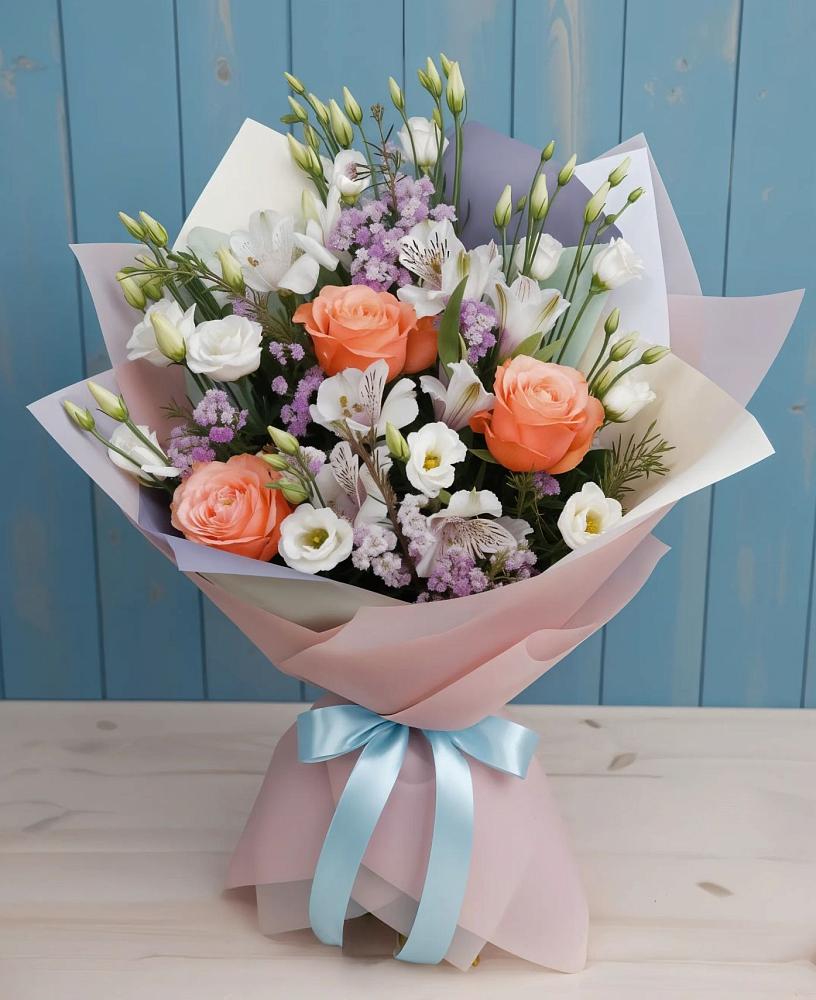 Букет цветов из: Лизиантусы, Розы, Альстромерии и Гипсофила в Троицке