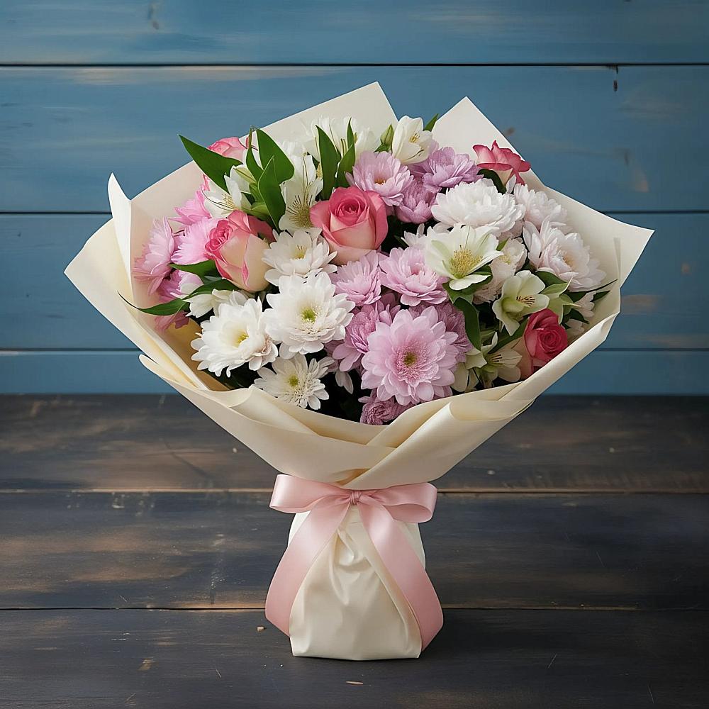 Букет цветов из: Хризантемы, Альстромерии и Розы в Троицке